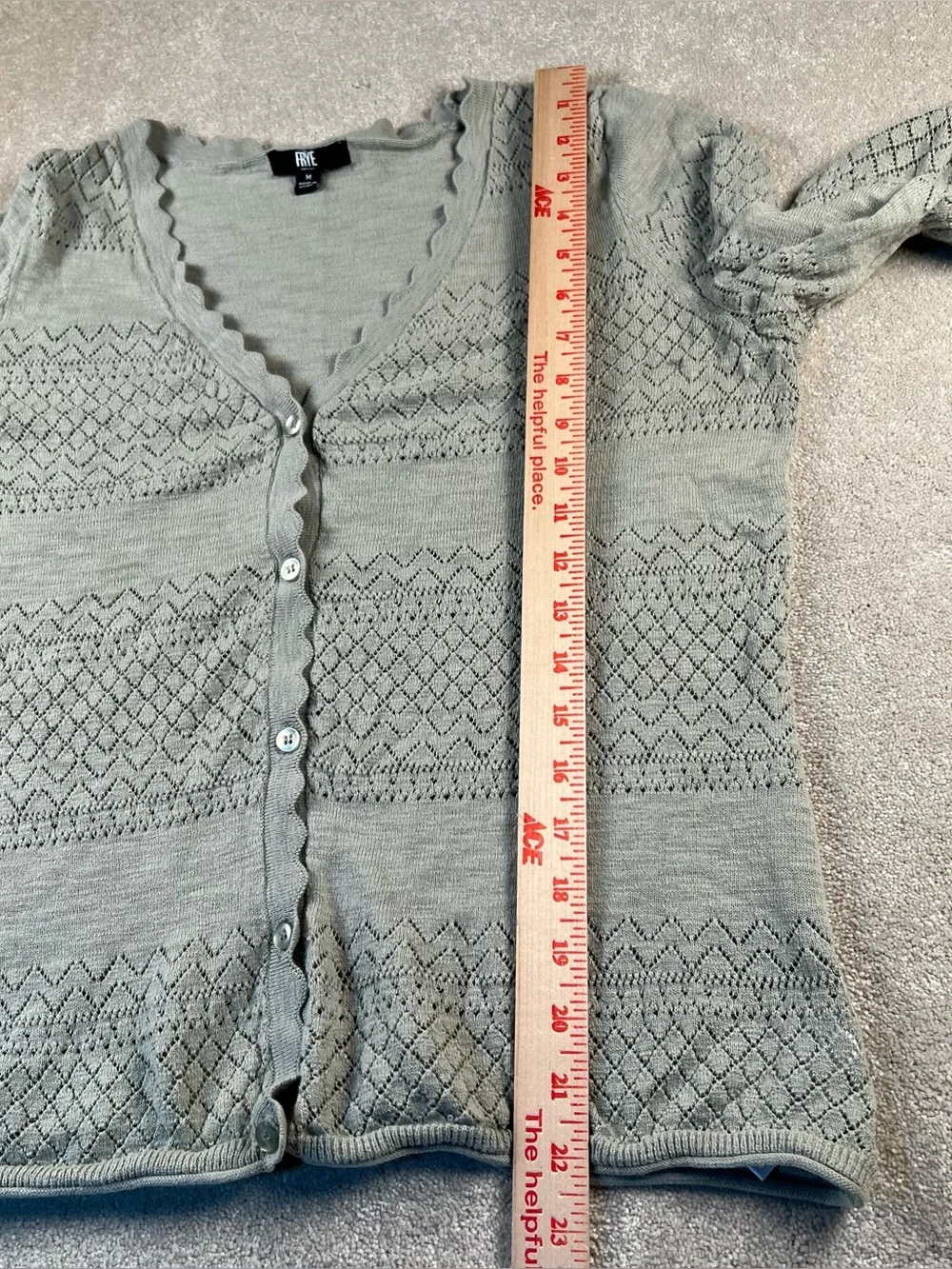 Frye Sweater Cardigan Green See Through Knit V Neck 100% Cotton Lightweight Med